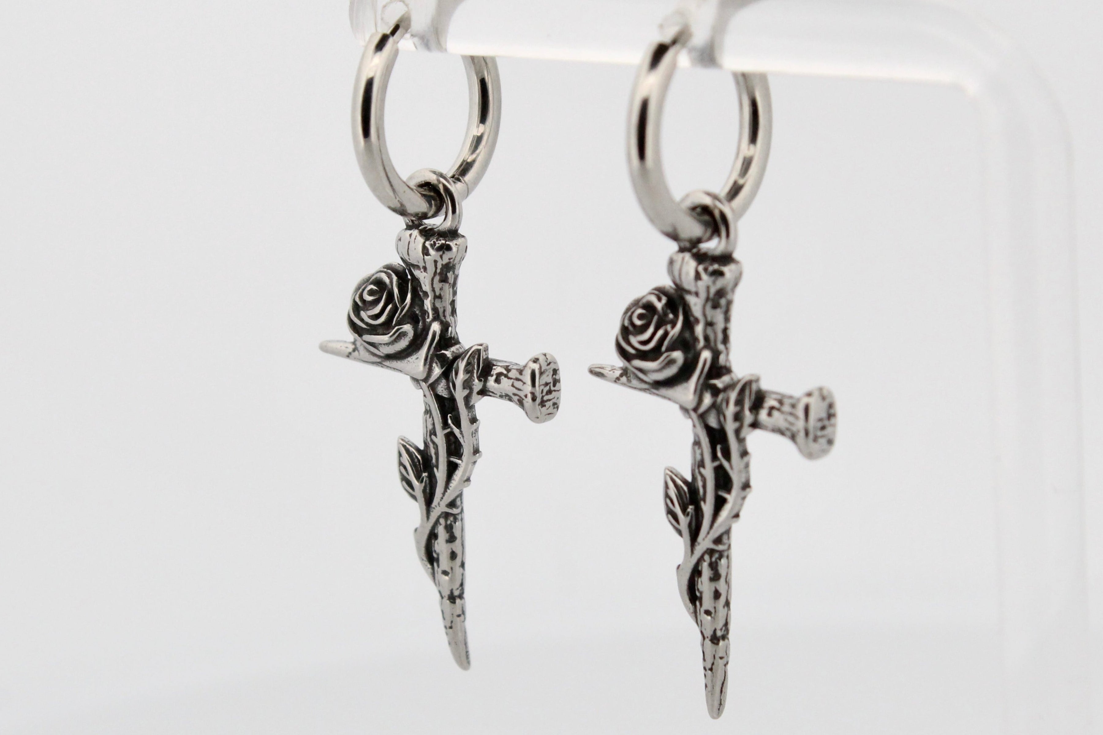 CROSS AND ROSE HOOP EARRINGS